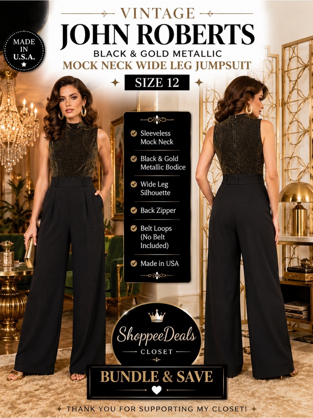 Vintage John Roberts Black Gold Metallic Mock Neck Wide Leg Jumpsuit Size 12